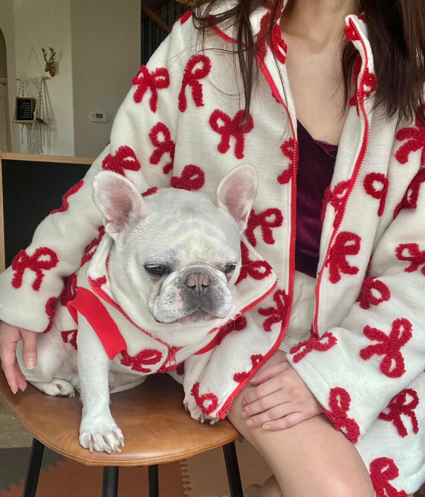 Matching Red Bow Fleece Matching Jacket for Pet Cat Dog and Owner