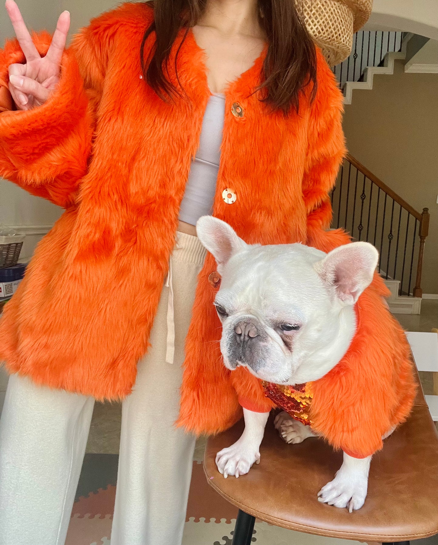 Pet and Owner Matching Orange Faux Fur Gatsby Jacket and Sweater