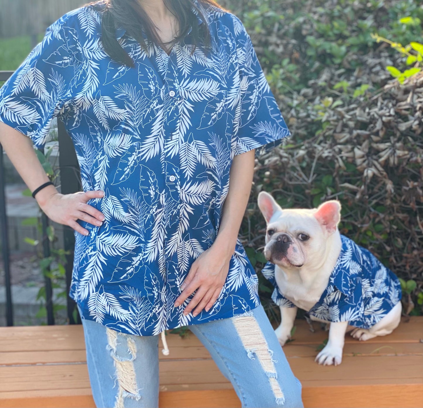 Blue Flora Owner and Pet Matching Button Shirt / Bandana