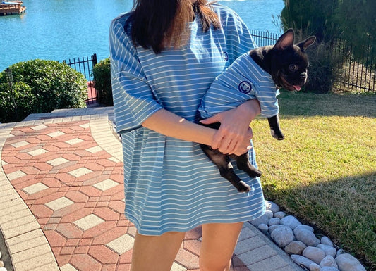 Blue White Striped Embroidery Owner and Pet Matching