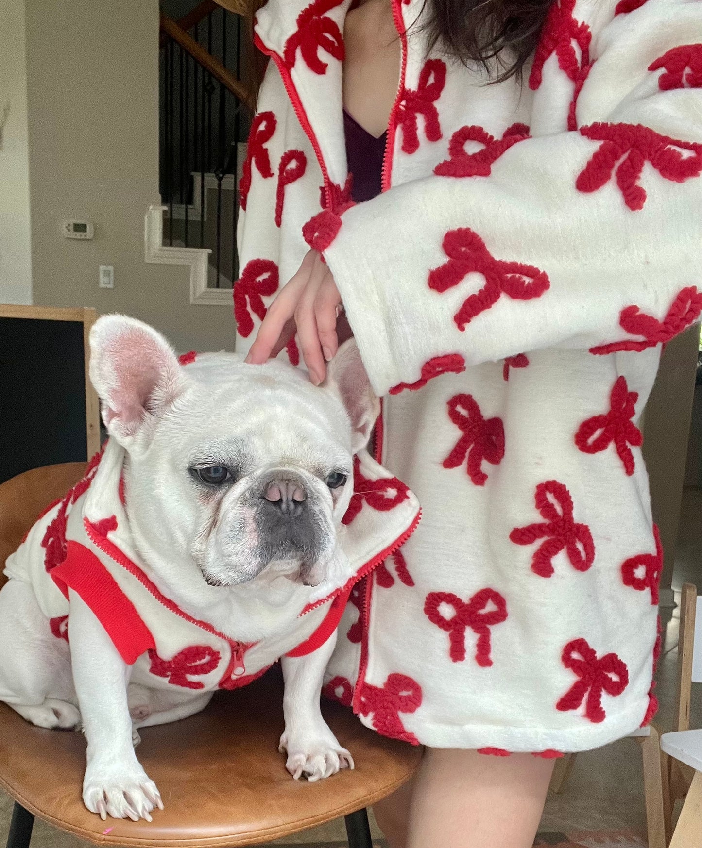 Matching Red Bow Fleece Matching Jacket for Pet Cat Dog and Owner