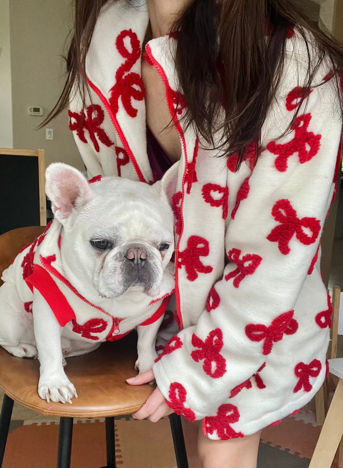 Matching Red Bow Fleece Matching Jacket for Pet Cat Dog and Owner