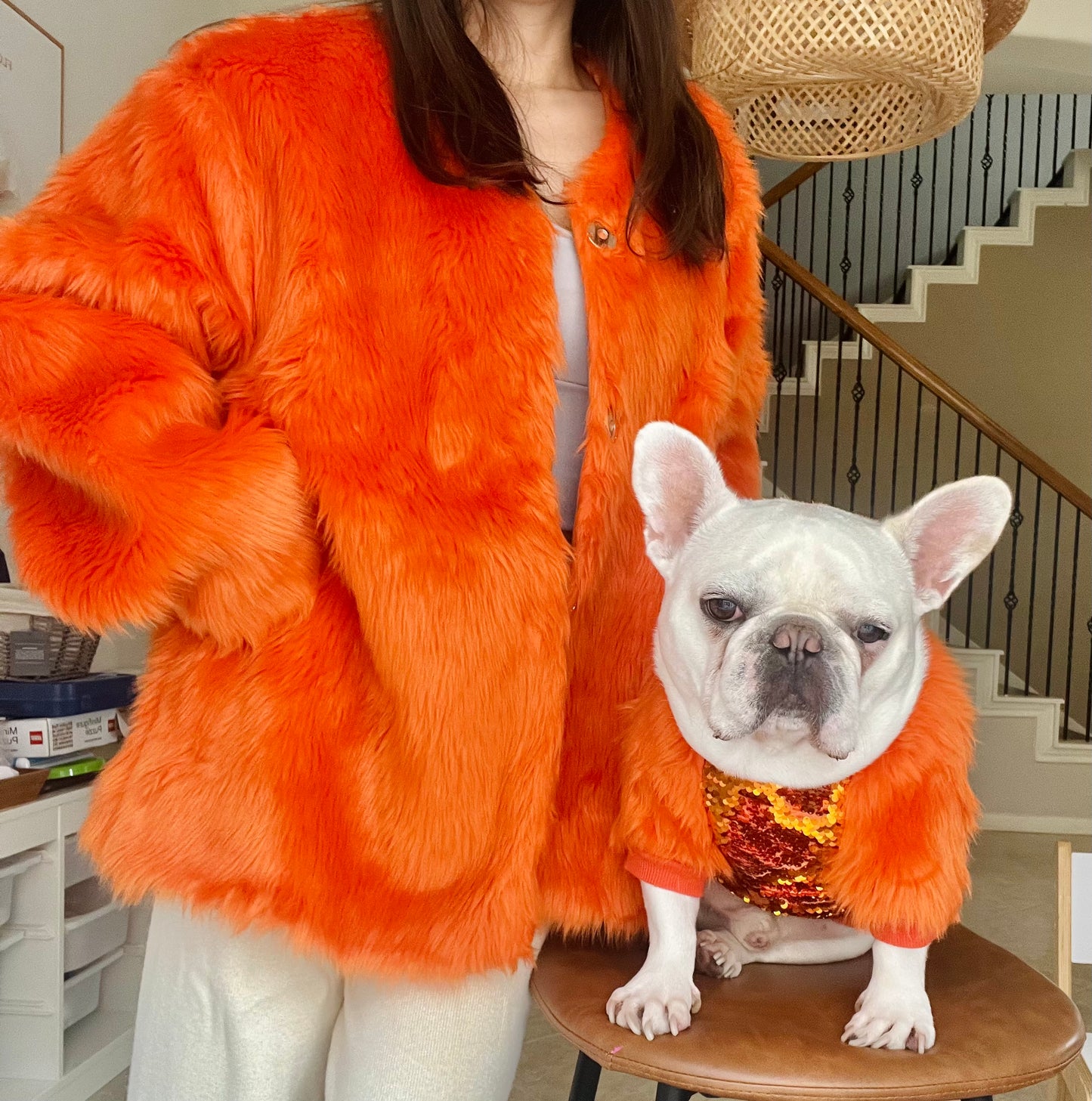Pet and Owner Matching Orange Faux Fur Gatsby Jacket and Sweater