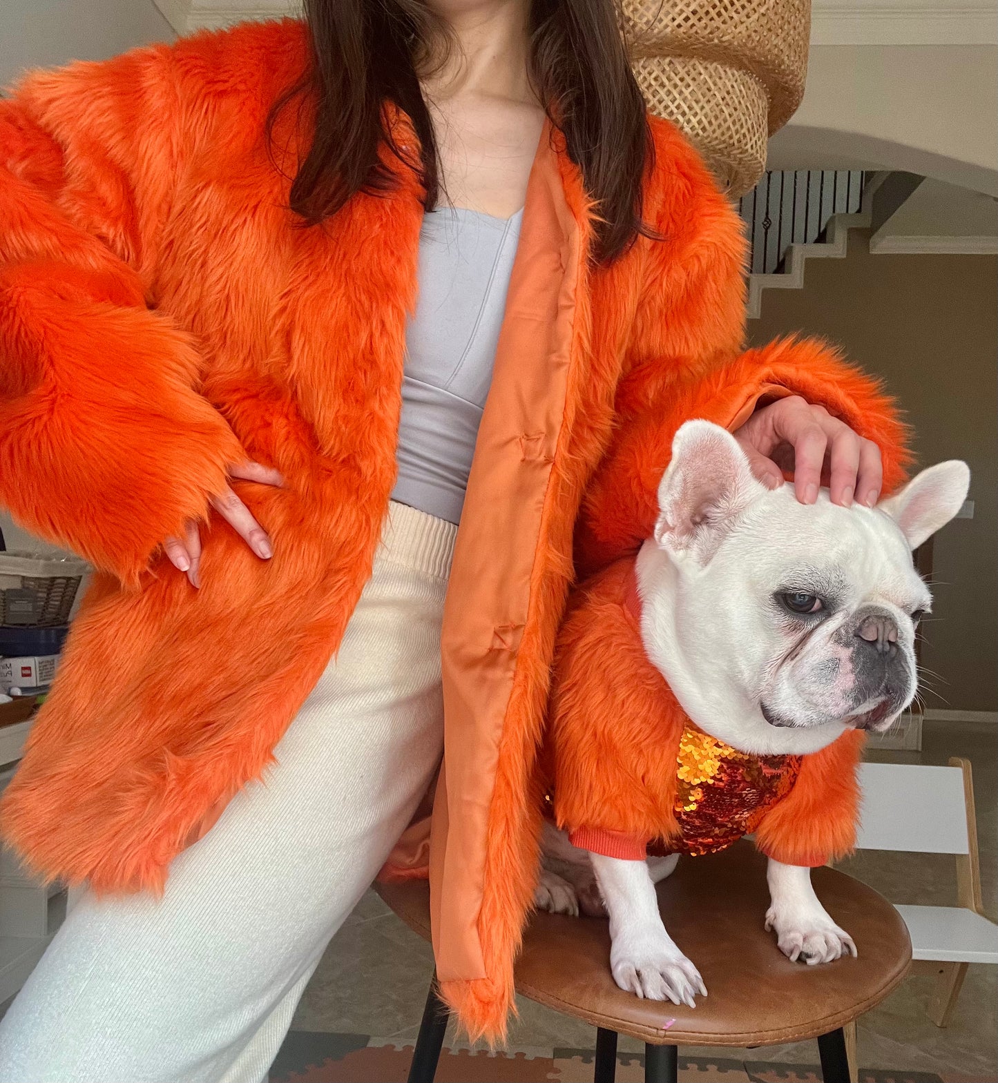 Pet and Owner Matching Orange Faux Fur Gatsby Jacket and Sweater