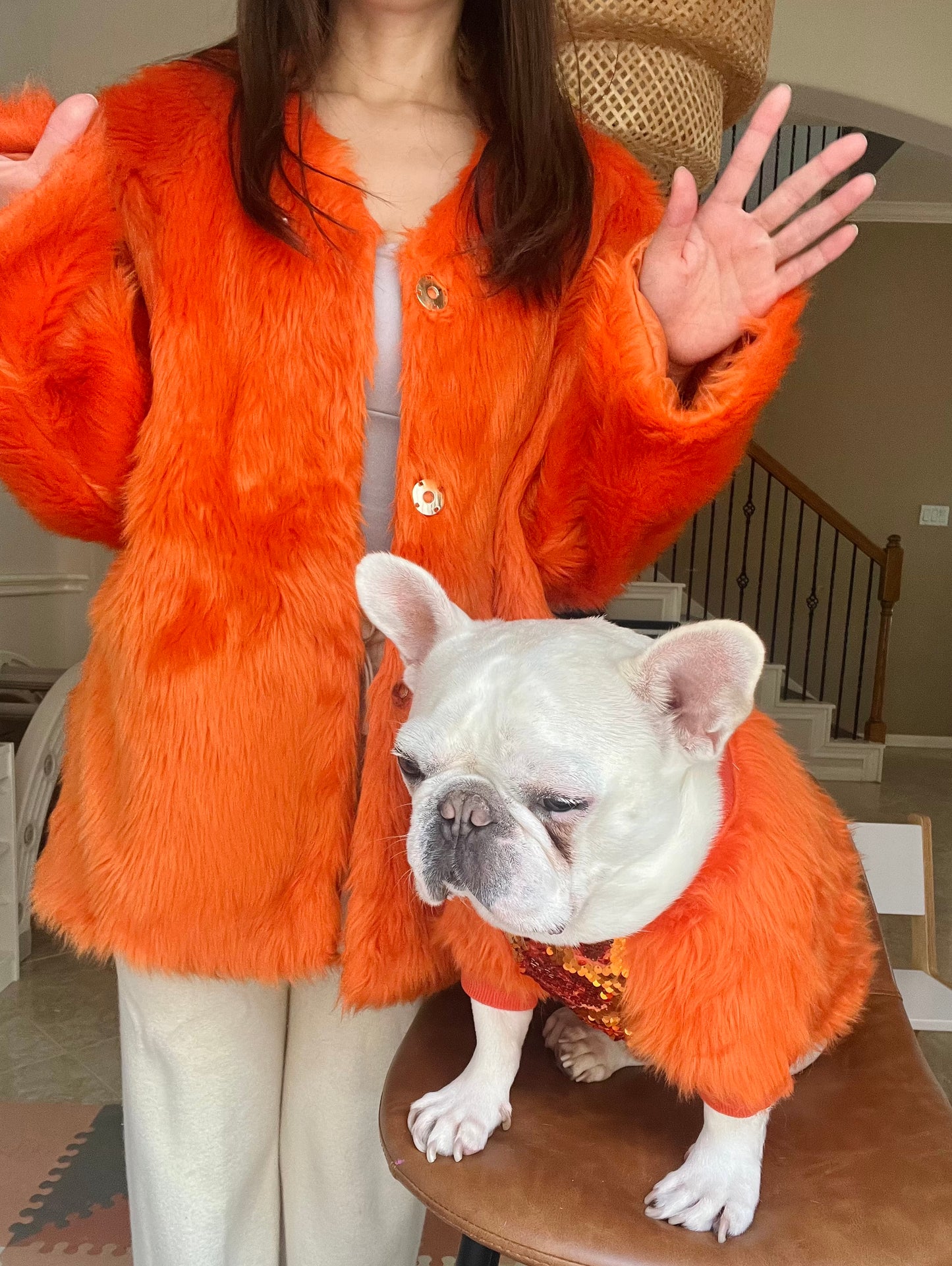 Pet and Owner Matching Orange Faux Fur Gatsby Jacket and Sweater