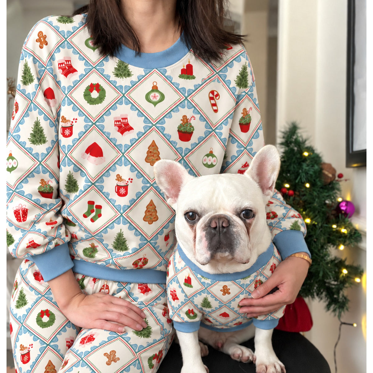 Pastel Blue Christmas Holidays Owner and Pet Family Kids Matching Sweater and Sweatpants