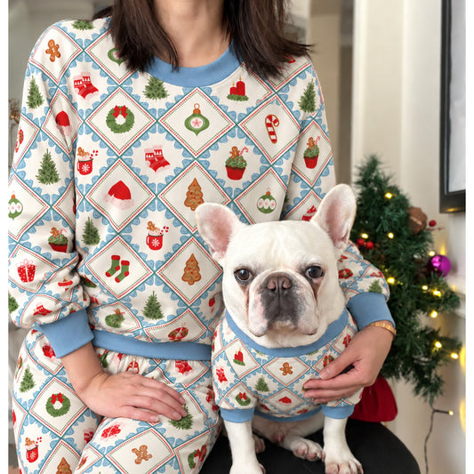 Pastel Blue Christmas Holidays Owner and Pet Family Kids Matching Sweater and Sweatpants