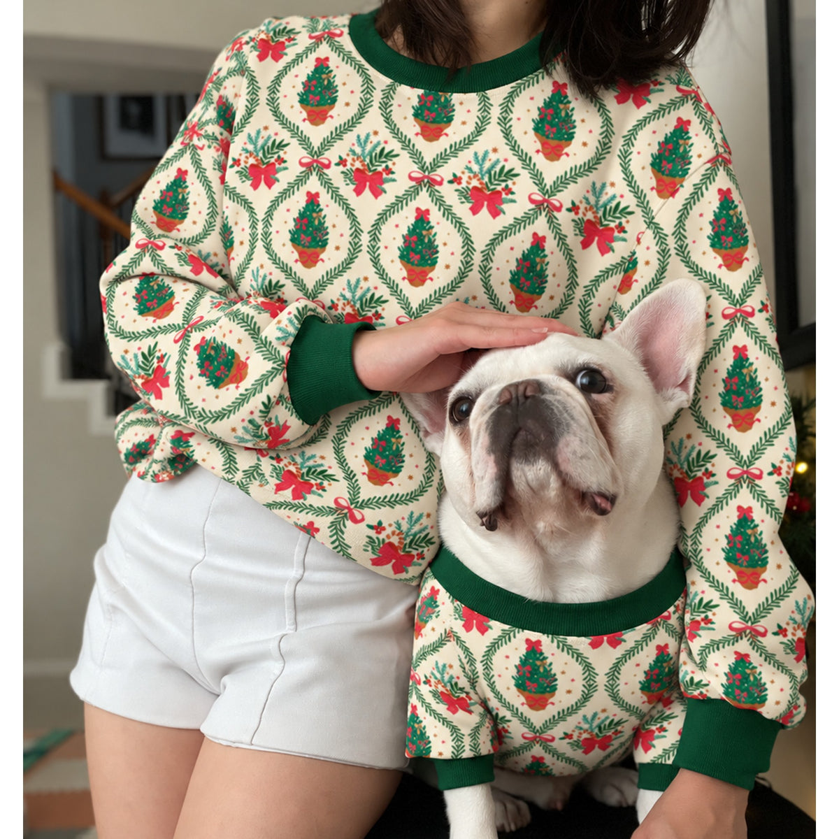 Vintage Green Christmas Holidays Owner and Pet Family Kids Matching Sweater and Sweatpants