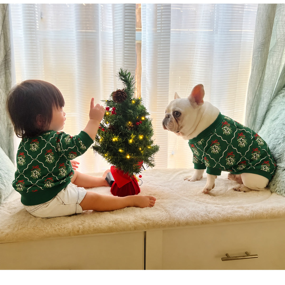 Green Christmas Holidays Owner and Pet Family Kids Matching Sweater and Sweatpants