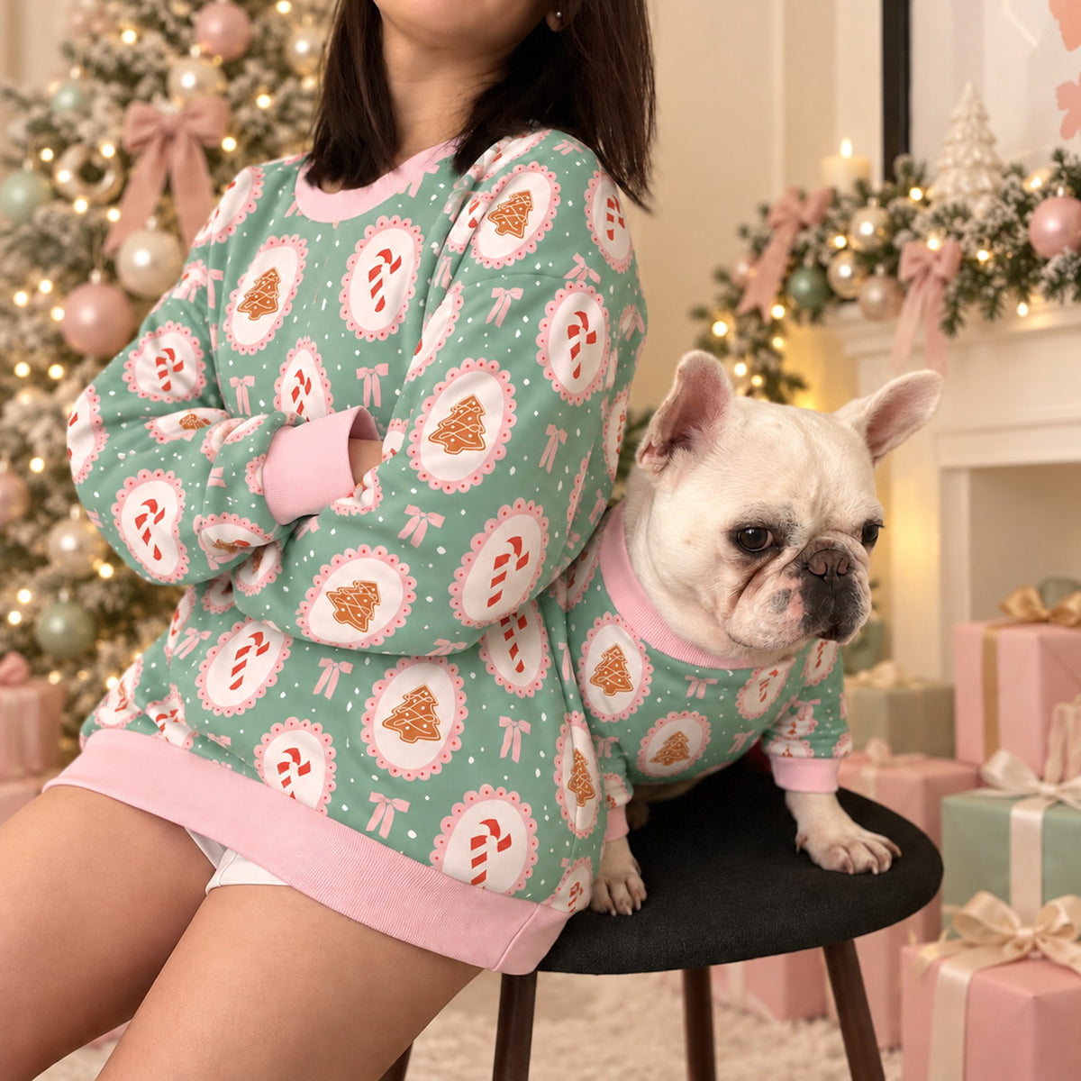 Pastel Mint Pink Christmas Holidays Owner and Pet Family Kids Matching Sweater and Sweatpants