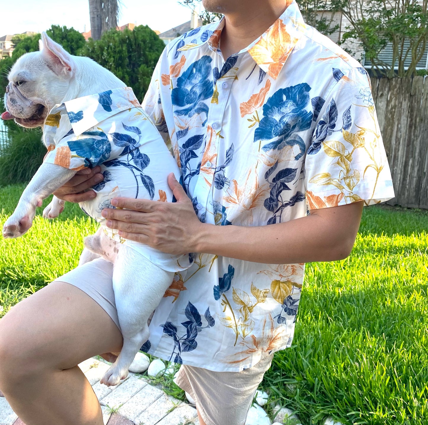 White Flora Owner and Pet Matching Button Shirt / Bandana