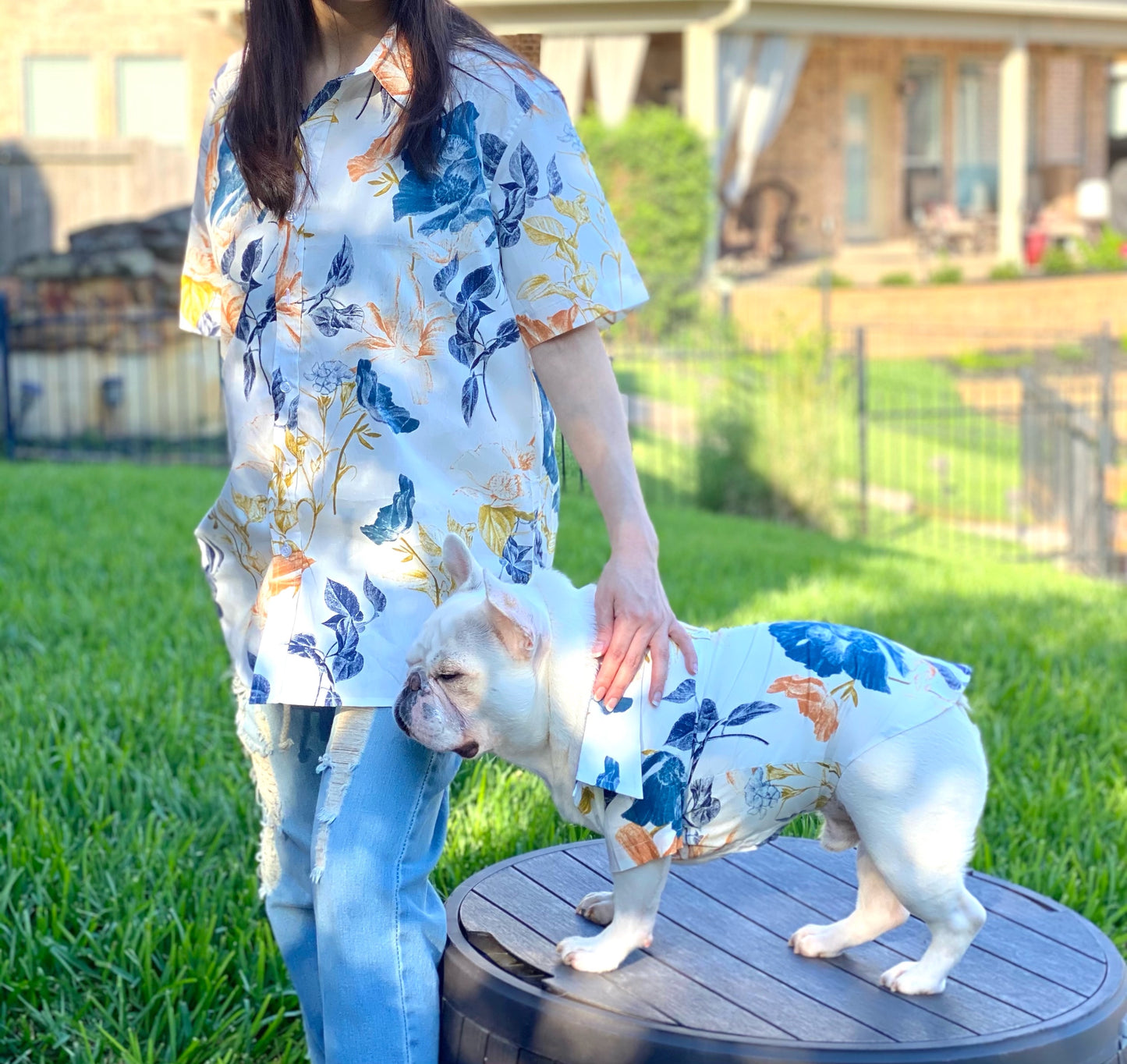White Flora Owner and Pet Matching Button Shirt / Bandana