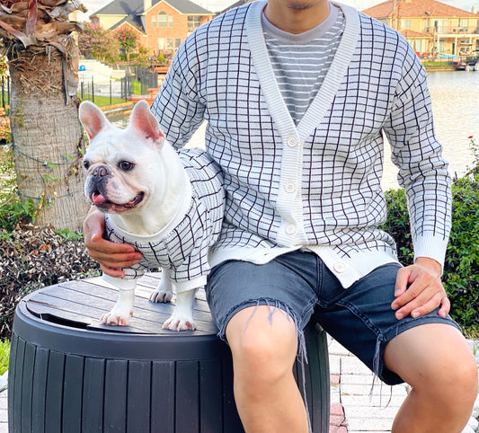 Black and White Striped Owner Cardigan and Pet Sweater Matching Set