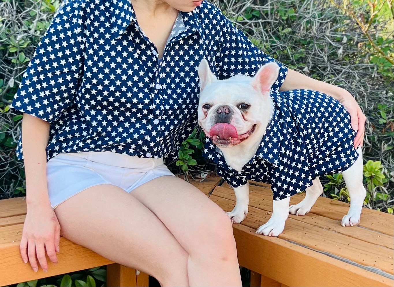 Blue & White Stars Owner and Pet Matching Button Shirt / Bandana