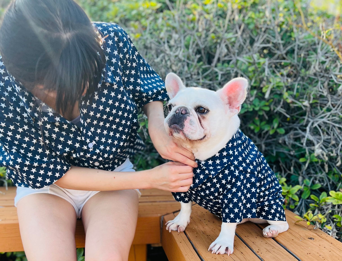 Blue & White Stars Owner and Pet Matching Button Shirt / Bandana