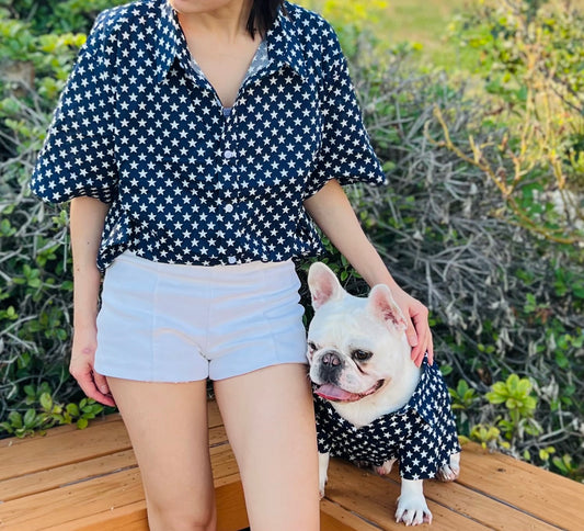 Blue & White Stars Owner and Pet Matching Button Shirt / Bandana