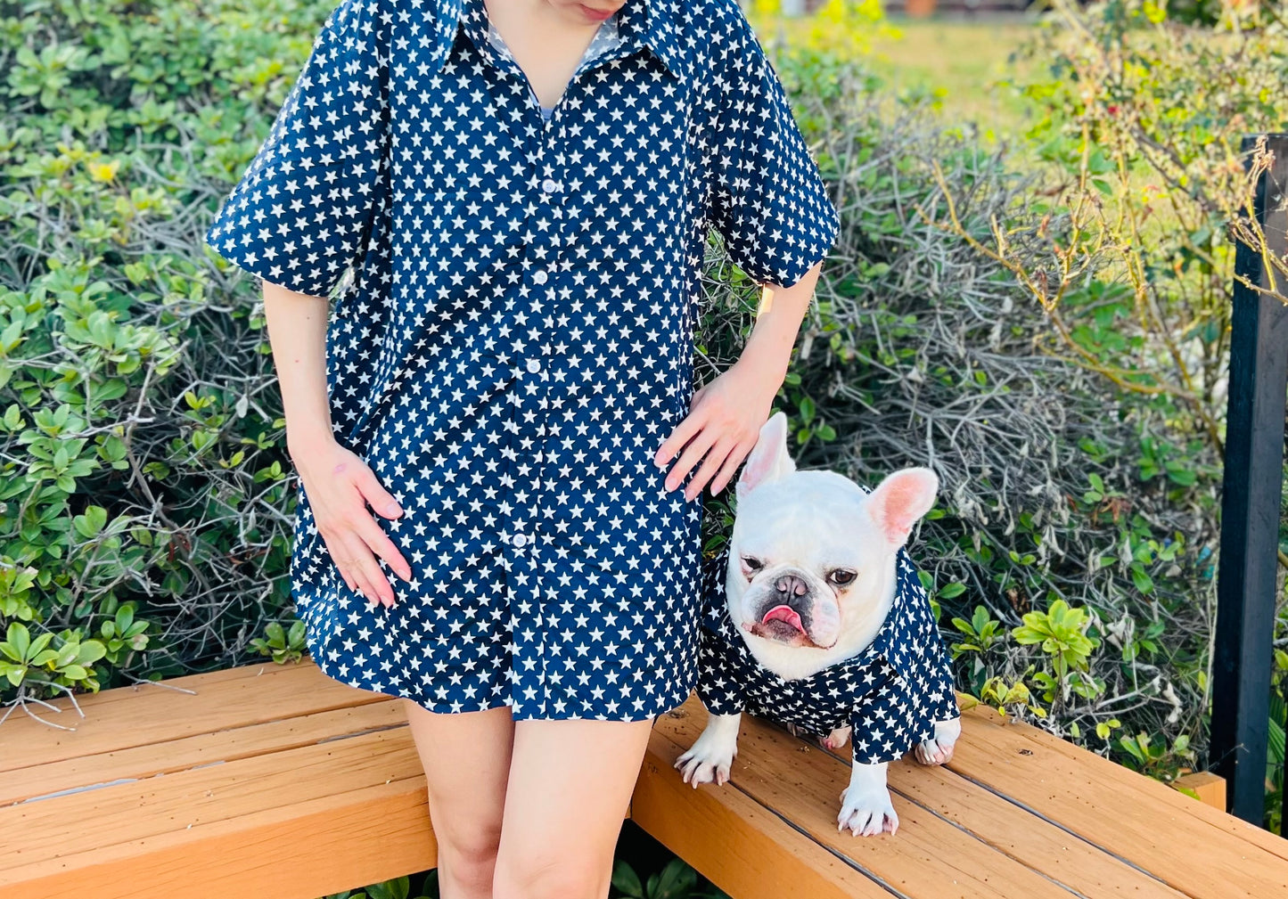 Blue & White Stars Owner and Pet Matching Button Shirt / Bandana