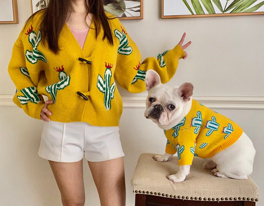 Cactus Print Owner Cardigan and Pet Sweater Matching Set