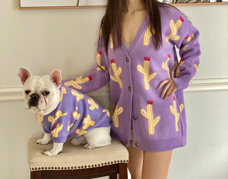 Purple Blue Cactus Print Owner Cardigan and Pet Sweater Matching Set